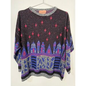 Liz Moody Vintage Cityscape Metallic Knit Sweater Stars City Graphic Oversized